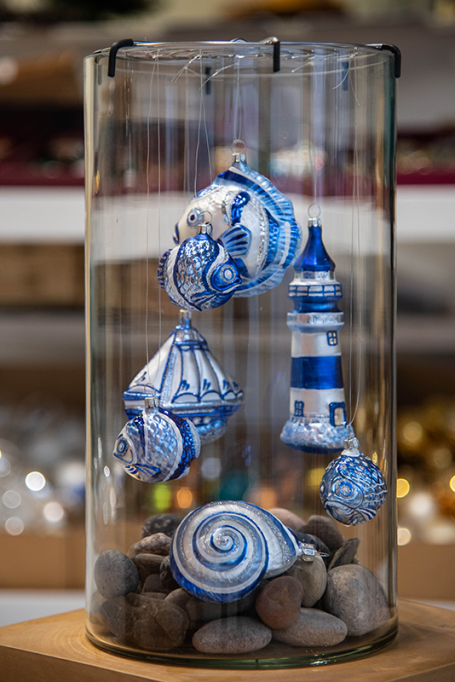 Handpainted sea-themed christmas ornaments in blue | Glavena Christmas ornaments shaped like sea creatures painted in blue shades