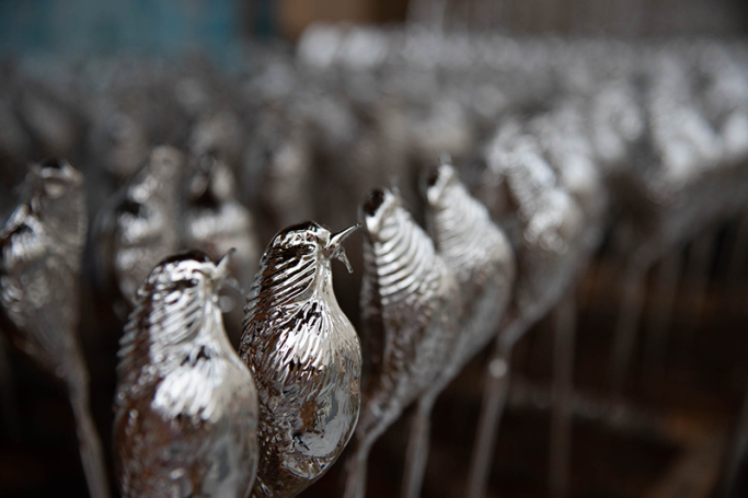 Silvered glass bird production | Glavena Glass birds in production after silvering